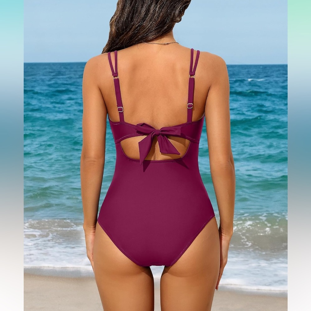 🚘Women's Scalloped One Piece Swimsuit wine red maternity V neck rushed tie back - Picture 6 of 14